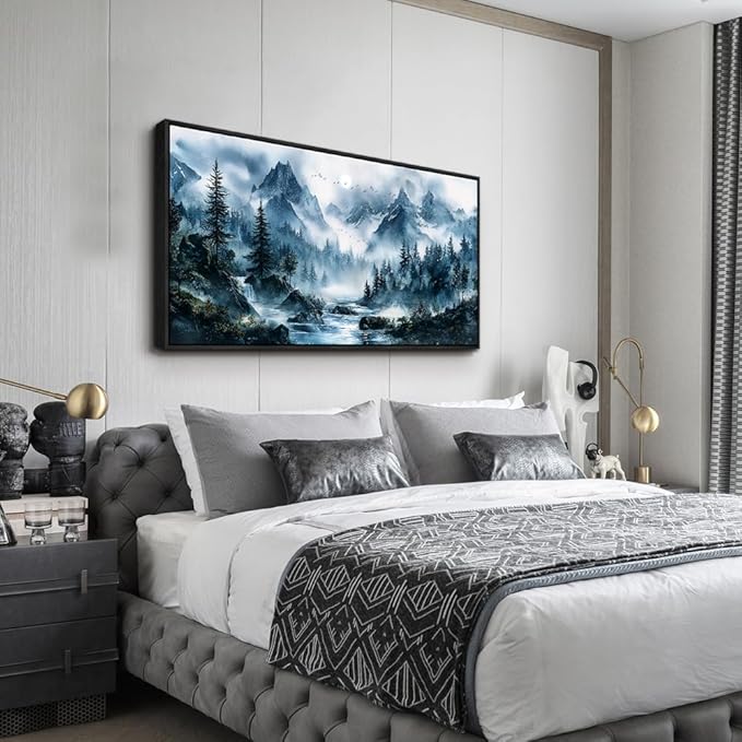 ERQINHUA Wall Decor For Bedroom Office Canvas Wall Art For Living Room Decorations Misty Forest Wall Paintings Tree Landscape Artwork Picture Modern Home Decor Ready To Hang Black Framed 20x40 In