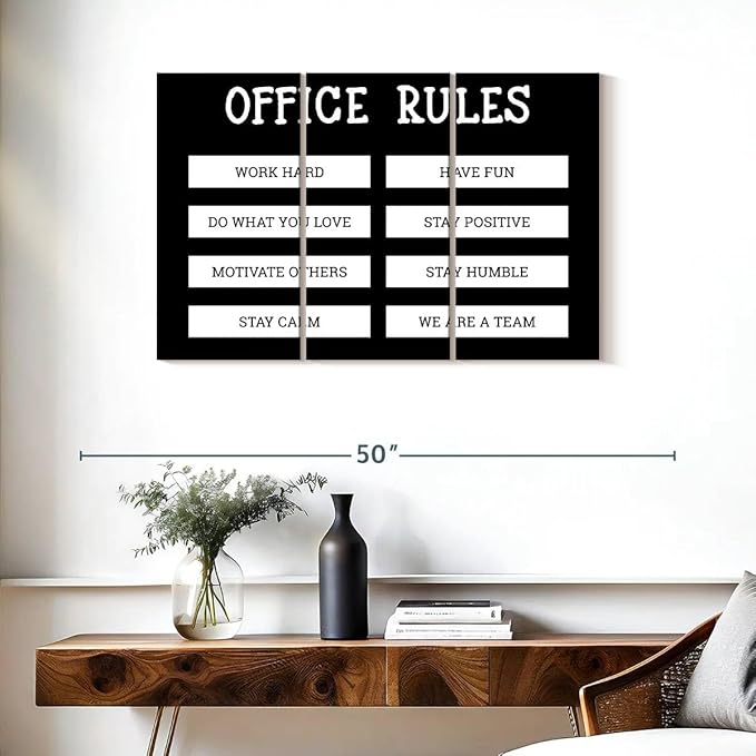 Elephant Stock - Office Rules Wall Art - Horizontal Multi Panel Canvas - 3 Piece Home Office Wall Decor - Digital Art Motivational Typography Multi Piece Wall Art - Black And White Decor by Cad Designs - 38" x 24"