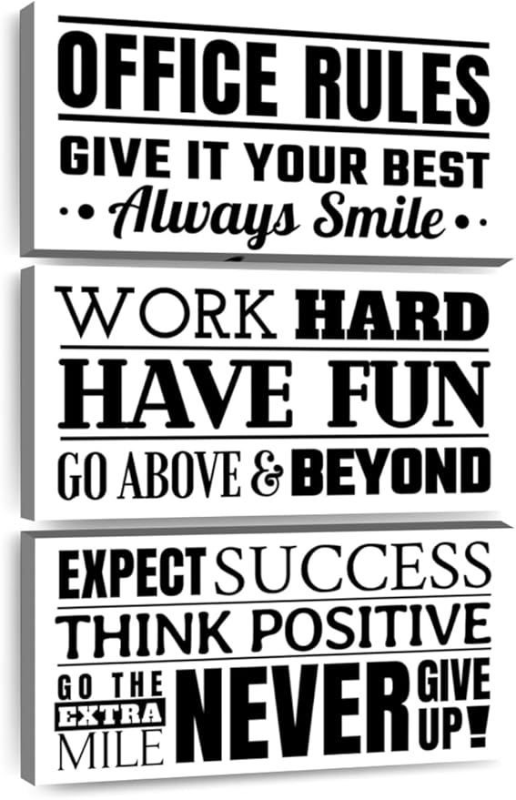 Elephant Stock - Fun Office Rules Wall Art - Vertical Multi Panel Canvas - 3 Piece Living Room Wall Decor - Digital Art Inspirational And Typography Multi Piece Wall Art - White And Black Decor - 36" x 57"