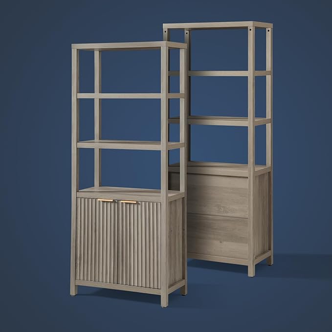 5 Tier Bookshelf with Storage, 70" Tall Bookshelf with Doors Cabinet, Fluted Wood Bookshelf, Large Farmhouse Bookcases for Living Room Bedroom Home Office Library (Gray Oak, 2PCS)