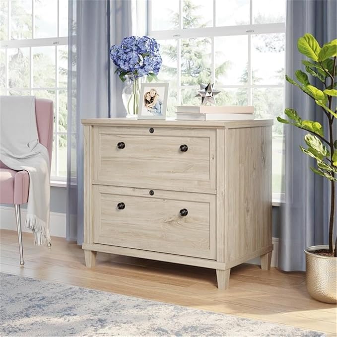 Pemberly Row Engineered Wood Lateral File Cabinet, Chalk Oak Finish, 2-Drawer Design with Key Lock, Solid Wood Feet, Safety Mechanism, Home Office Storage for Letter or Legal Files
