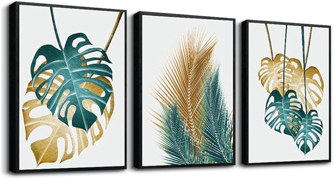 Black Framed Wall Art For Living Room Wall Decorations For Bedroom Kitchen Wall Decor Dining Room Abstract Painting Leaves Wall Pictures Artwork Bathroom Home Decor 3 Piece Framed Art Prints