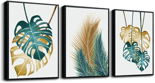 Black Framed Wall Art For Living Room Wall Decorations For Bedroom Kitchen Wall Decor Dining Room Abstract Painting Leaves Wall Pictures Artwork Bathroom Home Decor 3 Piece Framed Art Prints