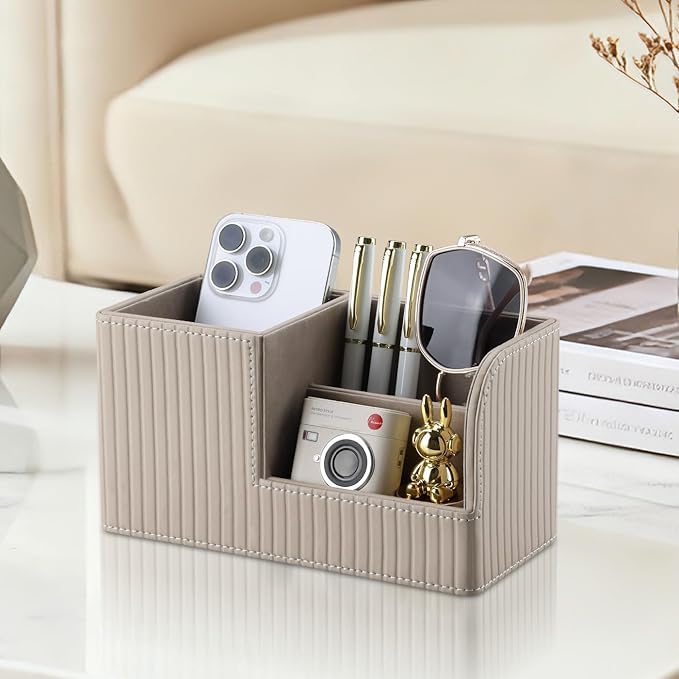 KINGFOM Desk Pen Organizer Office Supplies Caddy Pu Leather Multi-function Storage Box Pen/Pencil,Cell phone, Business Name Cards Remote Control Holder (Mocha Beige)