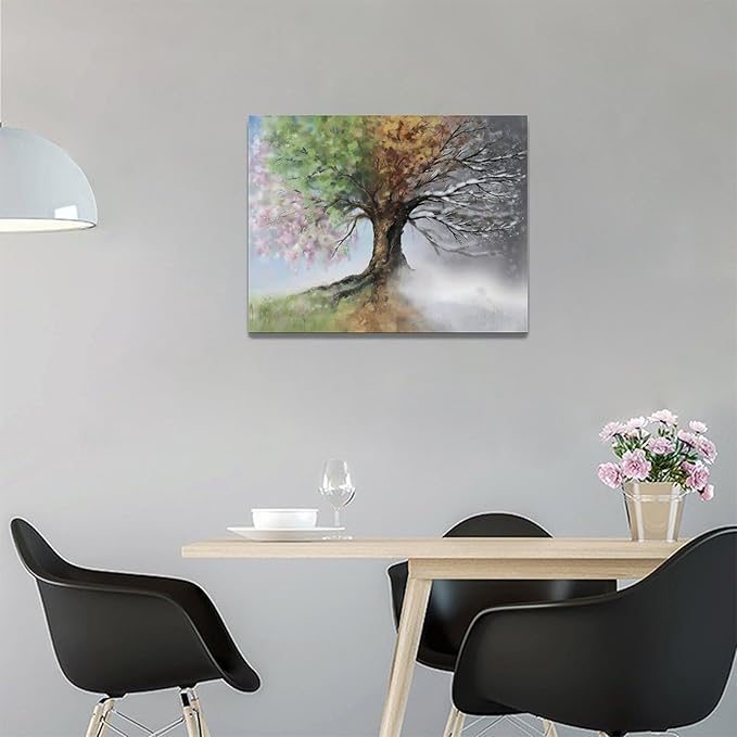 Tree of Life Wall Art Four Season Trees Pictures Decor Rustic Nature Canvas Country Painting Modern Artwork Home Decorations for Bathroom Living Room Bedroom Office Framed 16"x12"