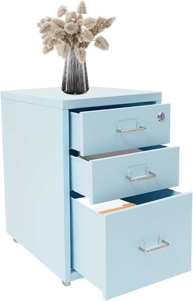 3 Drawer File Cabinet with Lock Vertical Filing Storage Cabinet Home Office Metal Vertical File Cabinets for Letter Legal A4 File Size, Assembly Required (Blue, 3 Drawer)
