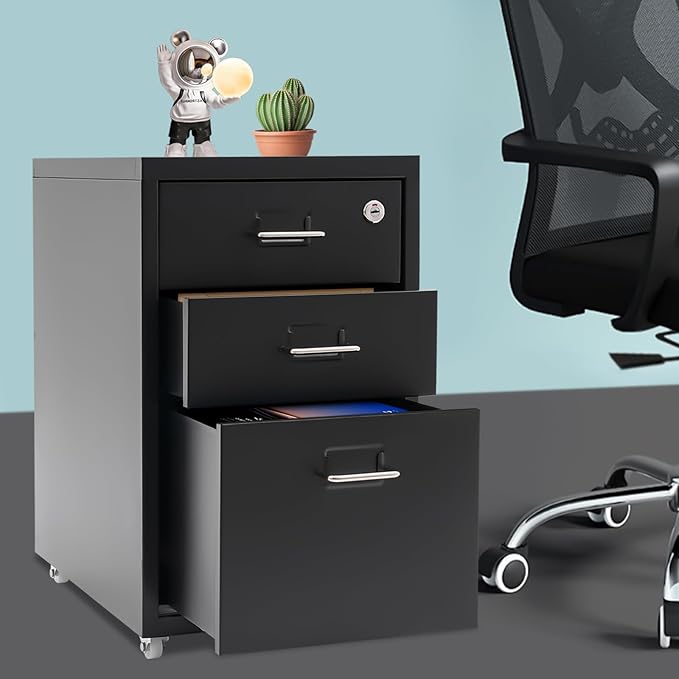 Vertical File Cabinet, 3-Drawer Metal Mobile File Cabinet with Lock, 11 * 16 * 18.3In Filing Cabinet Under Desk with Tag Jacks for Home Office (Black)