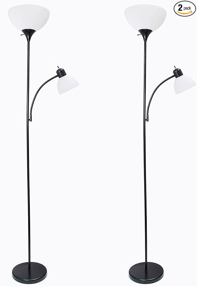 Simple Designs LF2000-BLK-2PK 2 Light Mother Daughter Floor Lamp with Reading Light, 2 Pk Black, 71.5"