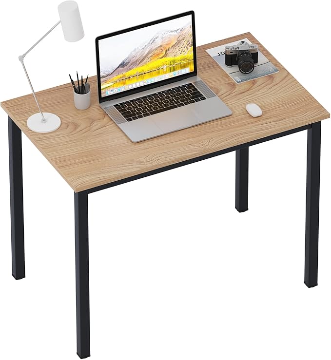 Need 39 Inch Small Computer Desk, Modern Simple Style Writing Desk for Home Office, Basic PC Work Desk with Black Metal Frame, Teak