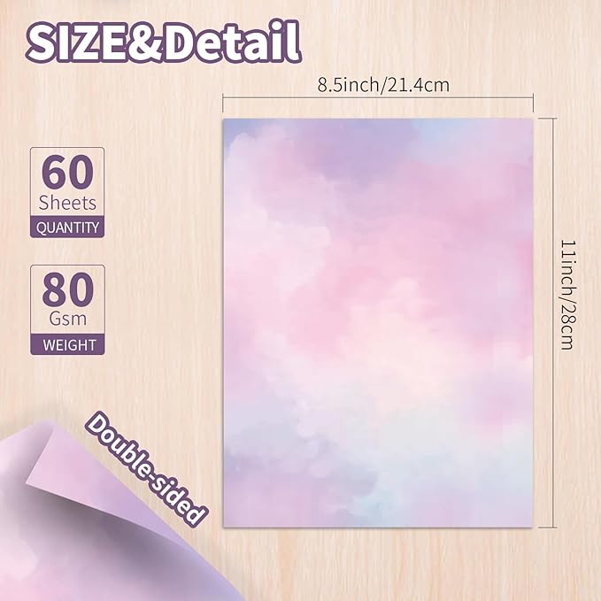 60 Sheets Watercolored Stationery Paper, 8.5 x 11 inch Double-Sided Pastel Paper for Writing Letters and Invitations(Style 01)