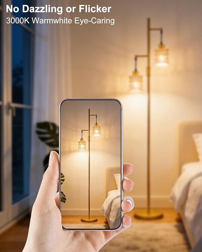 2-Light Gold Floor Lamp, 65IN Tall Standing Lamps Dimmable with Amber Glass Lampshade, 3000K Warmwhite Mid Century Modern Floor Lamp for Living Room/Bedroom