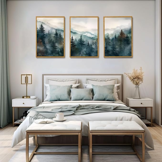 Bwodke Framed Wall Art Mountain Canvas Wall Art Set of 3 Boho Nature Landscape Picture Decor Pine Forest Prints Artwork Painting for Living Room Bedroom Office 16"x24"