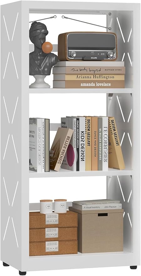 3 Tier Narrow Bookshelf, All Steel Bookcase Adjustable with Anti-Tip Kit & Leveling Feet, Modern White Storage Display Shelves for Bedroom, Living Room, Kitchen, Office