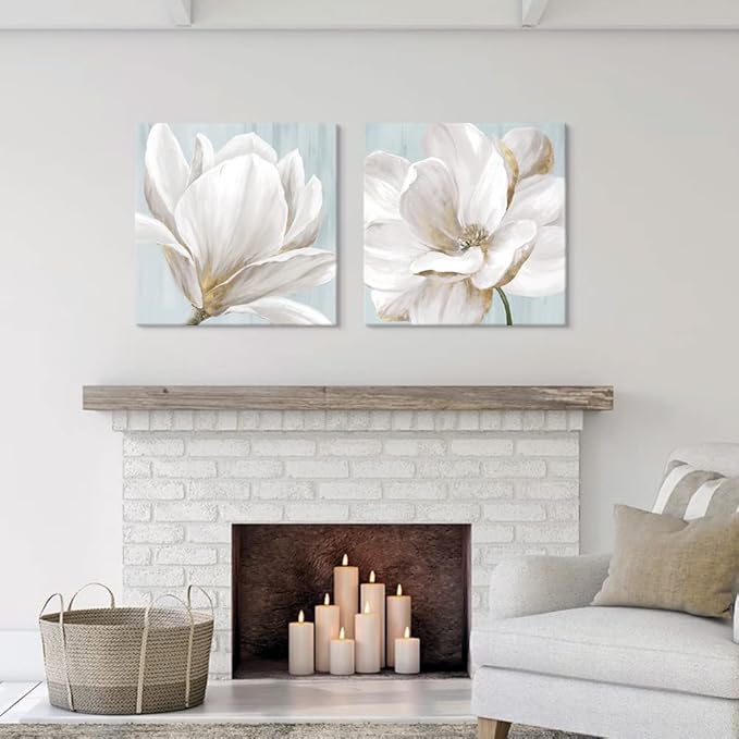 SEVEN WALL ARTS White Magnolia Wall Art Flower Artwork Floral Canvas Paintings Vintage Nature Botanical Painting Farmhouse Artwork Wall Decor for Bedroom Living Room Bathroom Office 24"x 24" x2pcs