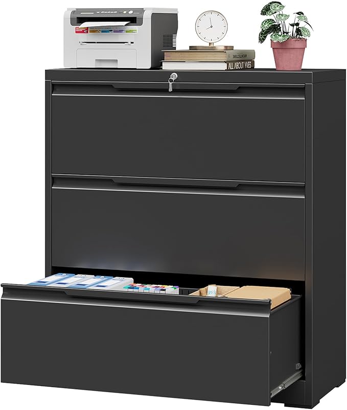 3 Drawer Lateral File Cabinet with Lock, Heavy-Duty Metal Filing Cabinet for Home Office, Steel Storage Compatible with Hanging Files Letter/Legal/F4/A4 Sizes (3 Drawer, Black)