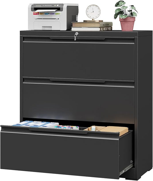3 Drawer Lateral File Cabinet with Lock, Heavy-Duty Metal Filing Cabinet for Home Office, Steel Storage Compatible with Hanging Files Letter/Legal/F4/A4 Sizes (3 Drawer, Black)