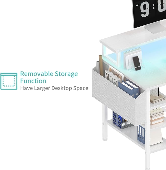 Lufeiya White Desk with Storage Shelves - 47 inch Home Office Gaming Desk with Monitor Stand, Computer Desk with LED Lights and Power Outlets, White