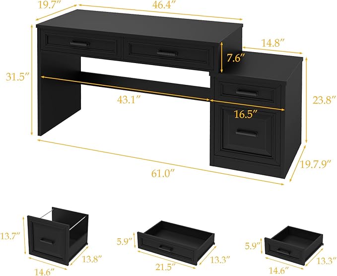 Vabches 61" Farmhouse Computer Desk with Storage and File Drawer, Executive Desks with Printer Stand, Rustic Large Home Writing Desk for Home Office.Black