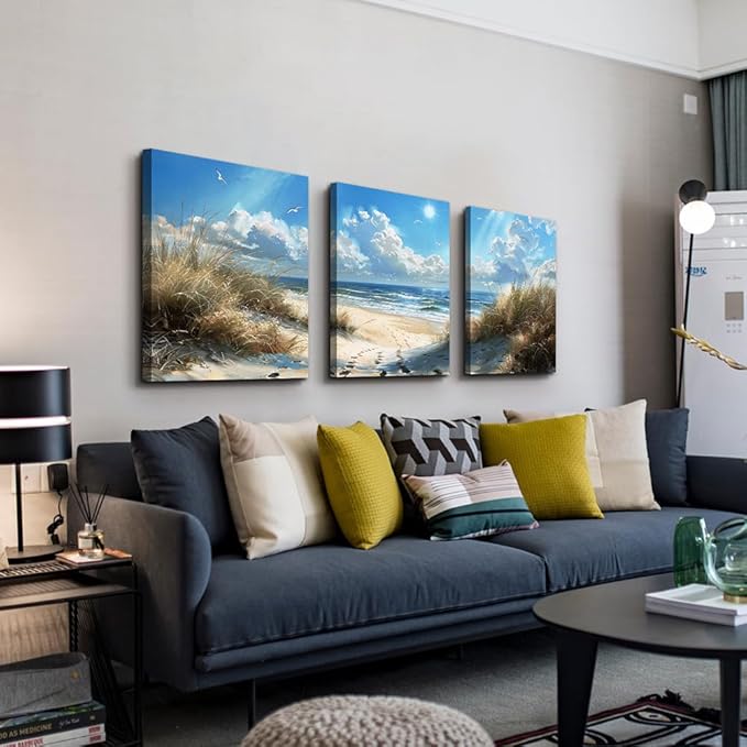 TTHYUEWS Large Canvas Wall Art for Living Room & Bedroom - Blue Ocean Beach Scene with Sea Waves - 3 Piece Set Ready to Hang - Modern Home Decor