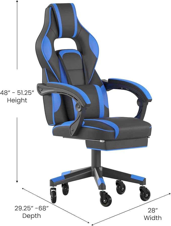 Flash Furniture X40 Gaming Chair Racing Computer Chair with Fully Reclining Back/Arms and Transparent Roller Wheels, Slide-Out Footrest, - Black/Blue