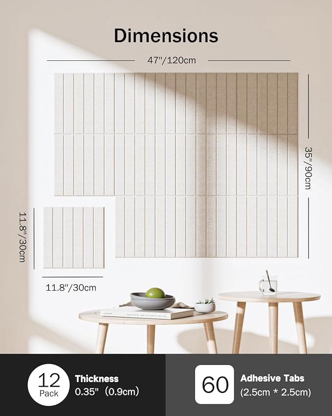Large Cork Board, 48" X 36" Bulletin Board, 12 Pack Felt Pin Boards Cork Boards for Walls Office Home Decor, Classroom with 60 Safe Removable Adhesive Tabs Beige