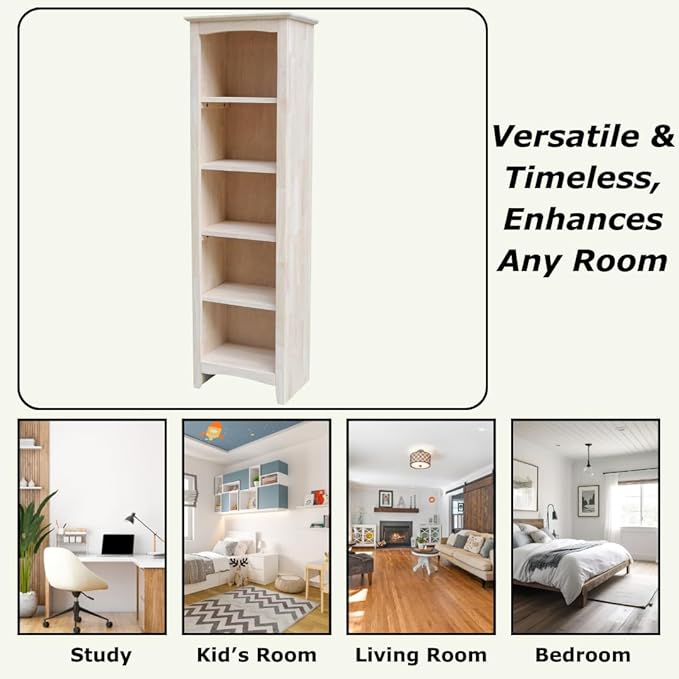 International Concepts Narrow Shaker Bookcase, 60-Inch High, Solid Parawood, Unfinished
