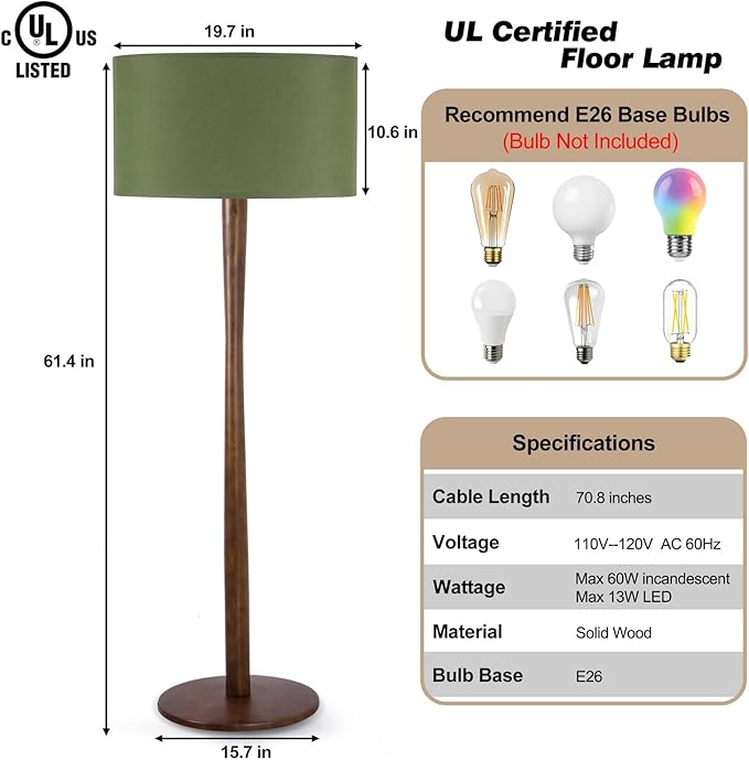 62" Tall Rustic Wood Floor Lamp for Living Room, Farmhouse Walnut Wood Floor Lamps with Linen Shade, UL Listed Standing Lamps with Wooden Base for Bedroom, Corner, Dining Room,Office, Green Shade