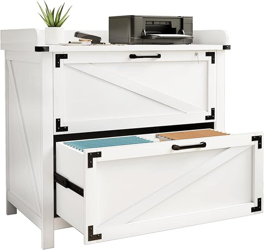 2 Drawer File Cabinet with Lock, Modern Farmhouse Filing Cabinet for LetterFiles, Large Wood File Cabinets for Home Office
