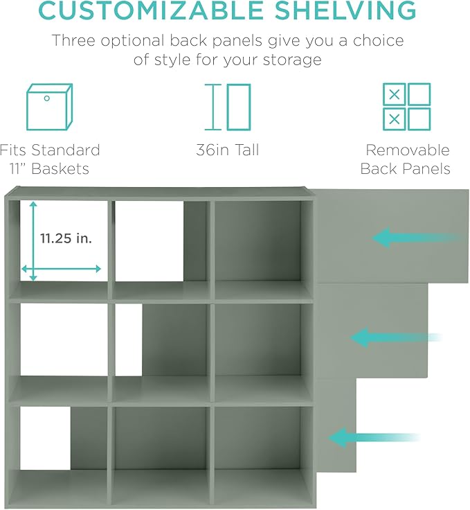 Best Choice Products Kids Bookcase 9-Cube Storage Organizer, 11in Shelf Opening, Bookshelf, Toy Storage, Customizable w/ 3 Removable Back Panels – Sage