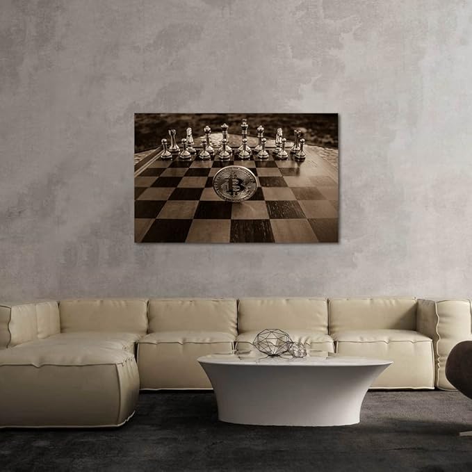 Golden Chess and Bitcoin Canvas Wall Art Motivational Life Quote Game Bitcoin Wall Art Poster Canvas Posters and Prints Pictures Chess Office Wall Decor, Framed 44x28 inch