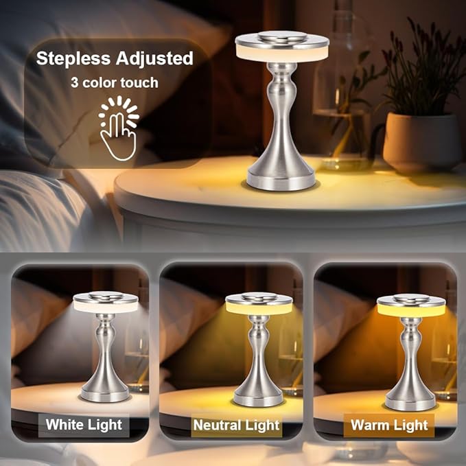 Portable Metal LED Table Lamp,Cordless Battery Table Lamp,3 Color Touch Control Rechargeable Desk Lamp,3-Levels Brightness Bedside Battery Lamp,Night Light