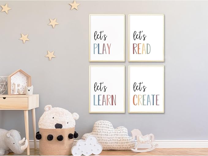 Youillne Playroom Kids Wall Art Decor Read Play Sign Classroom Children Wall Art Nursery Canvas Pictures Baby Girl Reading Posters Kids Artwork for 8x10 Inches Unframed Set of 4