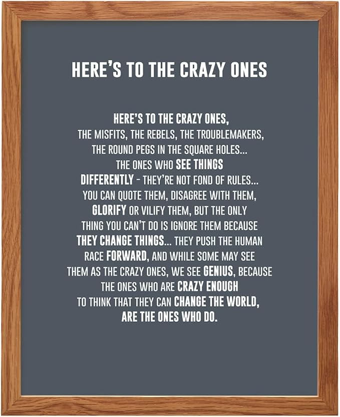 Heres to the Crazy Ones Entrepreneurial Motivational Quote -8x10 Art Print, Home Decor FRAMED - Inspirational Wall Art Poster - Unique Room Decorations for Office, Den - Gift for Entrepreneur, Boss