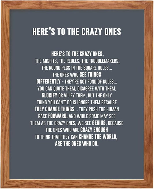 Heres to the Crazy Ones Entrepreneurial Motivational Quote -8x10 Art Print, Home Decor FRAMED - Inspirational Wall Art Poster - Unique Room Decorations for Office, Den - Gift for Entrepreneur, Boss