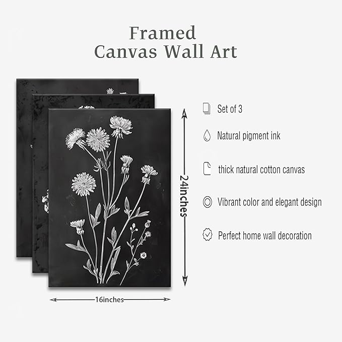 KISSFOX Floral Botanical Canvas Wall Art Vintage Black Background Plant Poster Prints Set of 3 Framed Grey and White Wildflower Painting Modern Farmhouse Decor Pictures Living Room Bathroom Bedroom (Black Floral, 16"x24" Canvas)