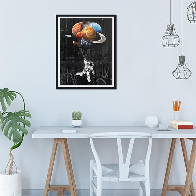 Space Framed Wall Art, Astronaut Holding Floating Planet,Cosmic Galaxy Canvas Print, Modern Home Office Decor, Stretched Ready to Hang, 12.5x16.5 Inches