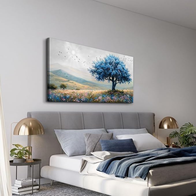 KELIYUAN Farmhouse Wall Art For Dining Room Canvas Wall Decor For Bedroom Office Modern Field Scenery Wall Painting Blue Trees Pictures Aesthetic living room Home Decor Posters Artwork 20x40 In