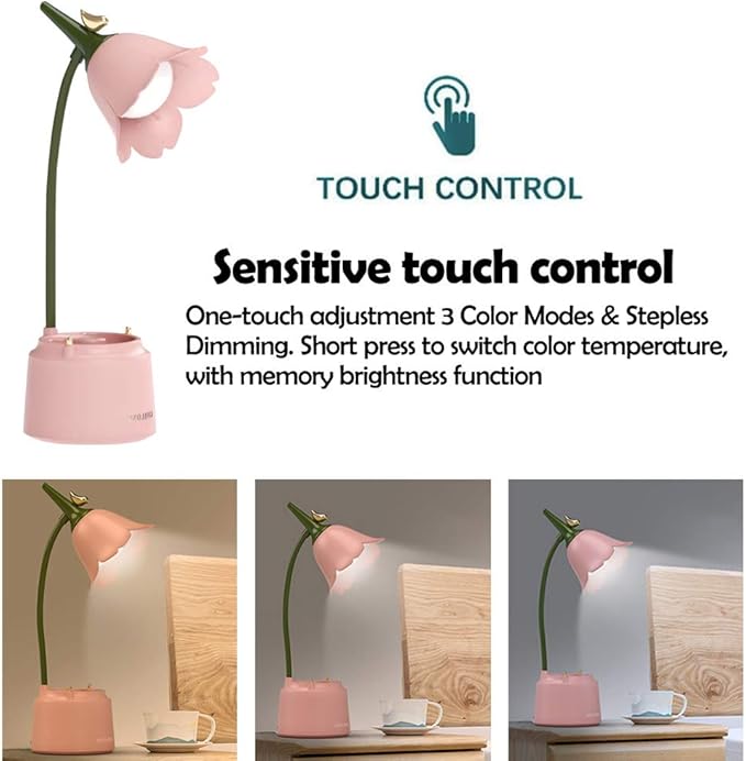 Pink Desk Lamp, Rechargeable LED with USB Charging, 3 Color Modes & Stepless Dimming, Cute for College Dorm Bedroom Reading