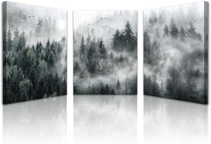 Lapremoly Framed Wall Art Living Room Canvas Wall Decor For Bedroom Office Decoration Foggy Forest Trees Scenery Wall Painting Landscape Wall Art Prints Ready To Hang Home Decor 16" X 24" 3 Piece