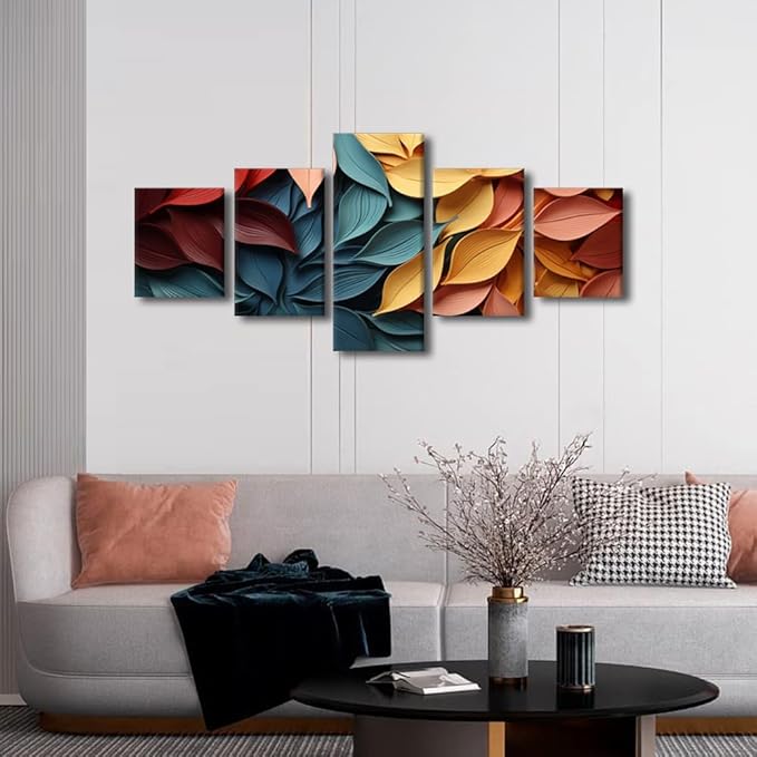 Modern Canvas Wall Art Decor for Living Room Wall Art Creative Autumn Leaves Poster Printing Artwork 5 Panel Home Wall Art for Men Lady Bedroom Office Wall Decor Stretched Ready to Hang 50x24 in