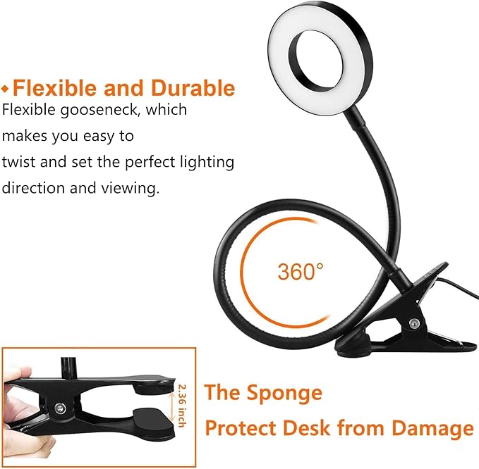 Dpower Clip on Light Reading Lights, 48 LED USB Desk Lamp with 3 Color Modes 10 Brightness, Eye Protection Book Clamp Light, 360 ° Flexible Gooseneck Clamp Lamp for Desk Headboard Video Conferencing
