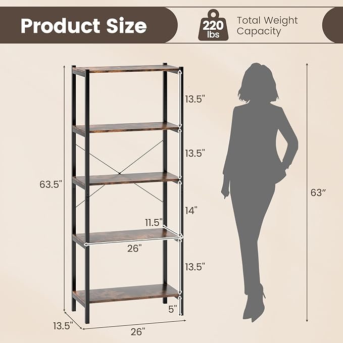 Giantex 5-Tier Industrial Bookshelf, 63.5" Tall Open Storage Organizer Shelves with Anti-Tipping Device and Foot Pads, Steel Frame Bookcase Display Rack for Living Room, Bedroom, Office, Brown