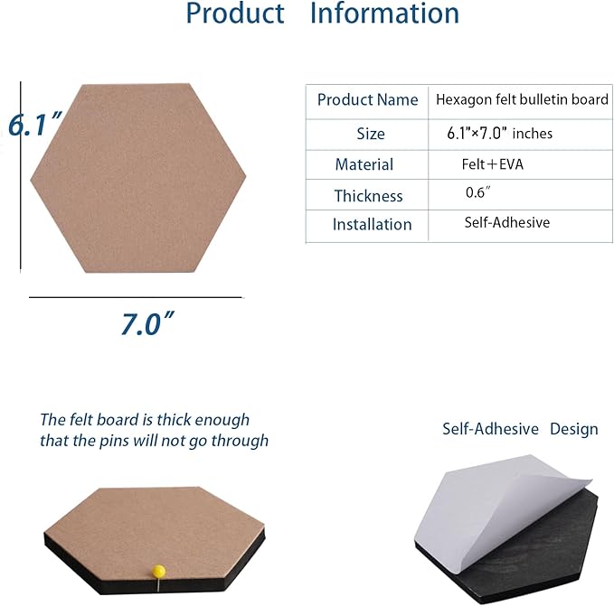 10Pcs Self Adhesive Felt Board Tiles Hexagon Bulletin Board for Walls, Felt Cork Pin Board for Pictures Photos Memos with Push Pins (Color A)