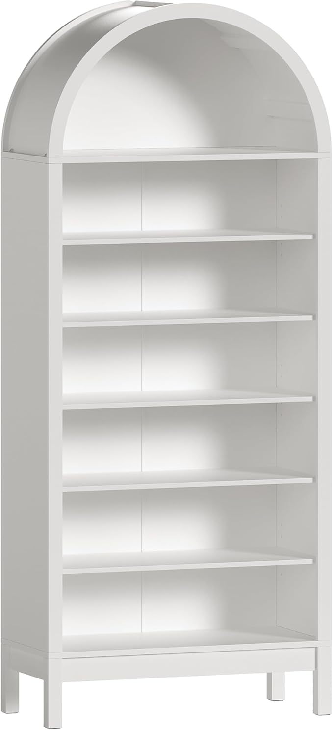Tall Arched Bookshelf, 7-Tier Bookcase with 3 Adjustable Shelves, Modern Farmhouse Storage Shelf for Living Room, Entryway, Office, 29.5" W x 70.1" H x 13.8" D, White