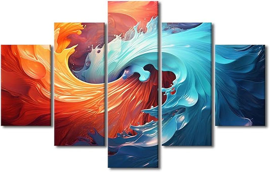 Canvas Wall Art Modern Colorful Swirling Vortex Poster Prints on Canvas 5 Panel Water and Fire Printing Art for Men Lady Living Room Office Wall Decor Stretched and Framed Ready to Hang 60x40 in
