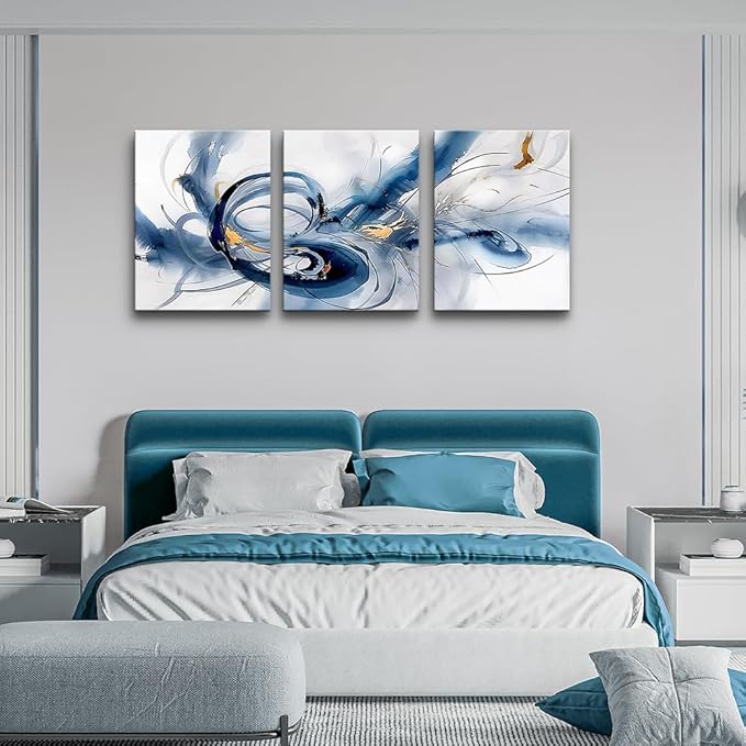 TTHYUEWS Abstract Canvas Wall Decor - Bedroom & Living Room Modern Office Art - Minimalist Blue Ink Wall Paintings - 3 Pieces