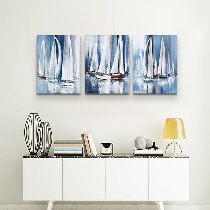 3 Piece Framed Canvas Wall Art For Living Room Large Size Bedroom Wall Decor Art Ocean Landscape Sea Sailboat Abstract Canvas Painting Ready To Hang Office Home Decoration Poster Pictures Artworks