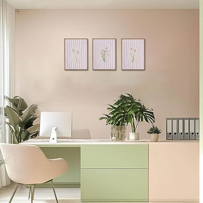 3 Piece Floral Framed Wall Art Pink Wildflower Canvas Wall Art Flower Pictures Wall Decor Boho Botanical Paintings Poster Prints for Girly Room Bedroom Living Room