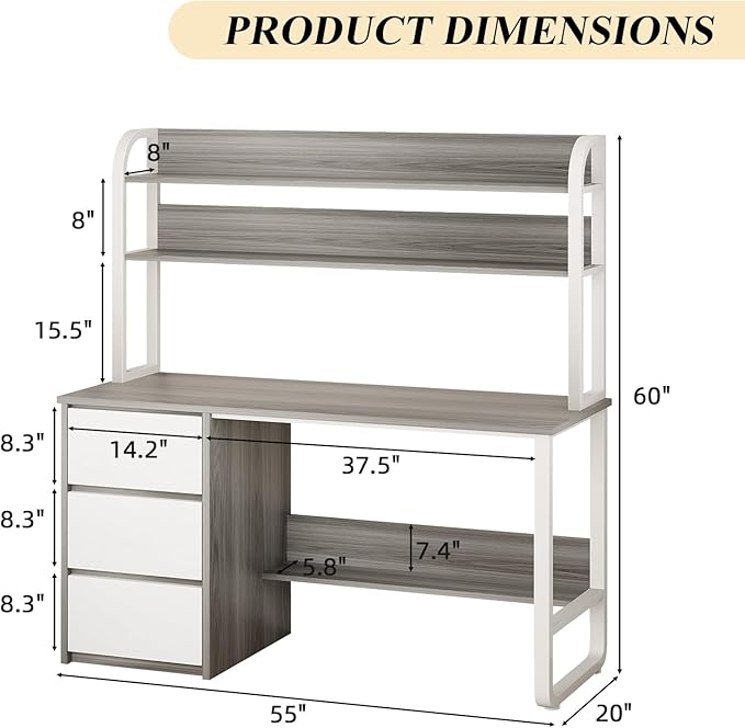 Computer Desk with 3 Drawers, 55 Inch Desk with Hutch for Small Spaces, Study Writing Desk with Shelves for Bedrrom, Adjustable Feet, Grey