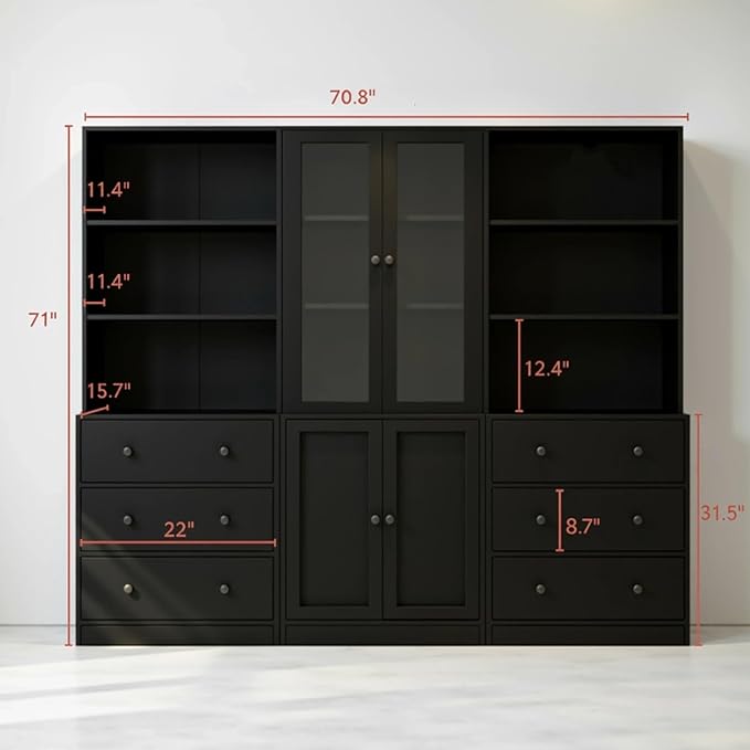 TUSY 71" H Bookshelf with Storage, 6-Tier Modern Bookshelves with 3 Large Drawer, Display Bookcase with Glass Doors, Modern 5-Tier Curio Cabinet for Home Office, Dining Room (Black, BAB)